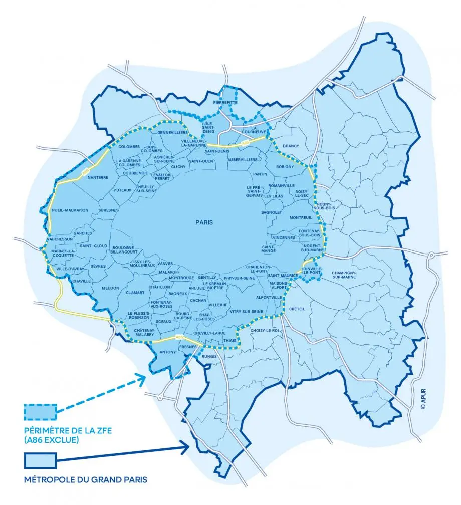Carte détaillée du périmètre ZFE à Bobigny, indiquant les zones de restrictions de circulation des véhicules.