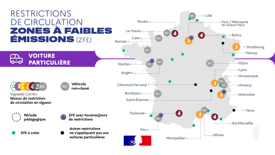 Carte ZFE 2025 illustrant les restrictions de circulation variables pour Clamart et véhicules concernés.
