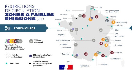 Carte des 24 zones à faibles émissions (ZFE) avec restrictions pour poids-lourds, concernant Loos.