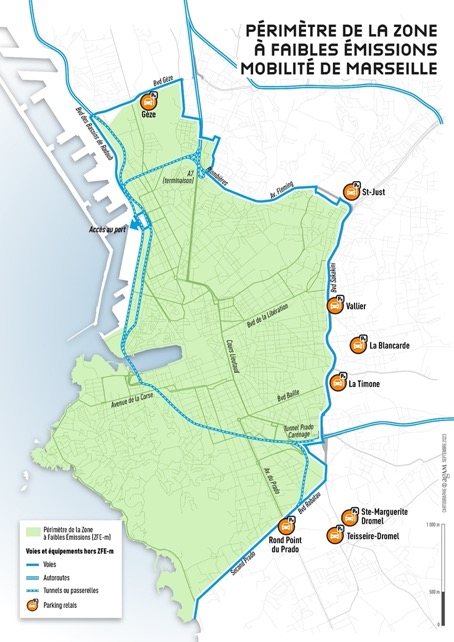 Carte détaillée du périmètre actuel de la Zone à Faibles Émissions (ZFE) à Marseille en novembre 2023. Carte détaillée du périmètre actuel de la Zone à Faibles Émissions (ZFE) à Marseille en novembre 2023.