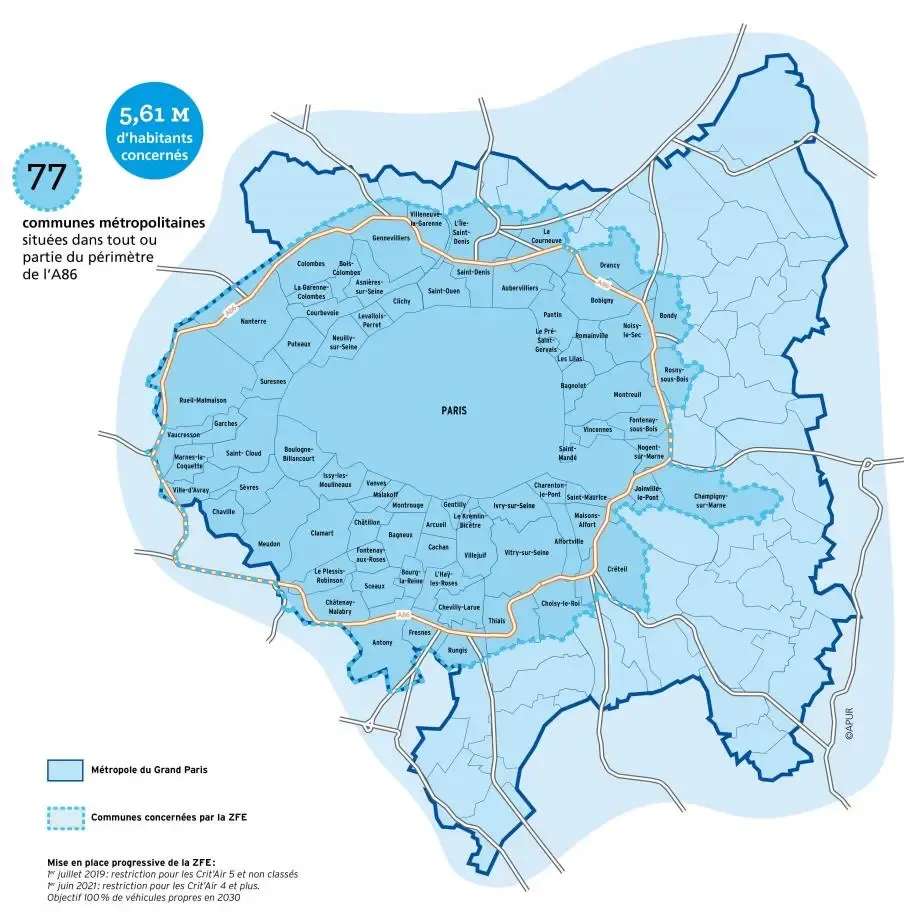 Carte détaillée des zones de restriction ZFE à Saint-Denis, Métropole du Grand Paris.