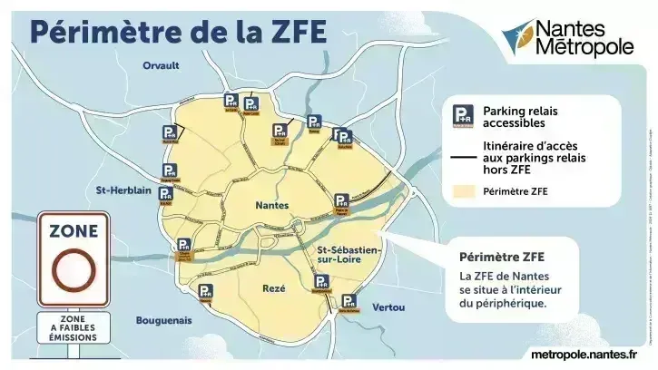 Carte du périmètre de la Zone à Faibles Émissions (ZFE) de Saint-Herblain et ses restrictions de circulation.