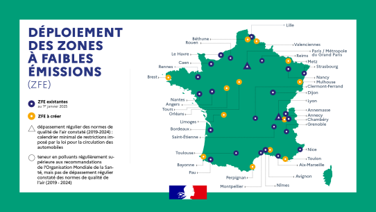 Carte des 25 zones à faibles émissions actives en France, incluant la ZFE de Sucy-en-Brie.