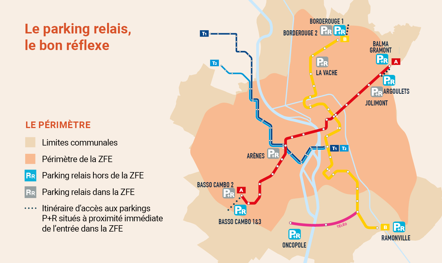 Carte illustrant le périmètre de la ZFE de Toulouse et les parkings relais associés.