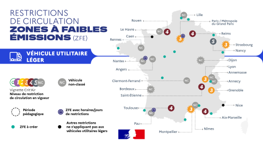 Carte ZFE de Villepinte : restrictions pour véhicules utilitaires légers dans 23 zones en France.